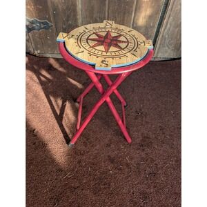 Folding Accent Table With Wooden 8 Point Compass Rose Top, Red